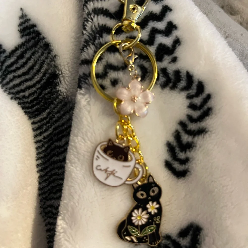 Handmade purse charm/keychain. 2 cat charms (one with coffee cup) and one flower - Picture 2 of 2